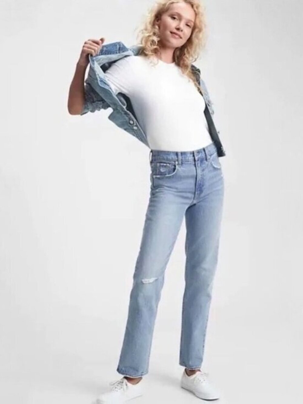 Gap Sky High Straight Leg Jeans | Rigid Denim | Light Wash Distressed | 14 Tall